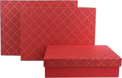 Emartbuy Set of 3 Handmade Cotton Paper Gift Boxes Rectangle Red Chequered