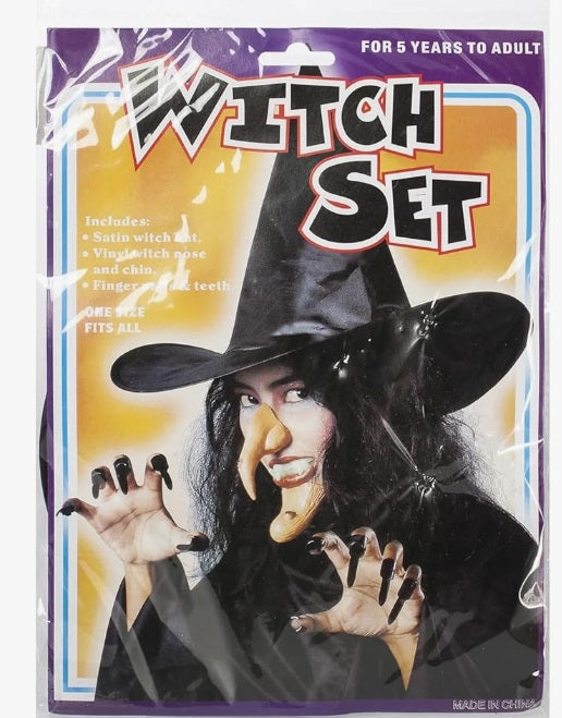 Women's/Kids Witch Halloween Fancy Dress Set (Hat, Nose, Teeth, Chin, Claws) - Rebx.co.uk