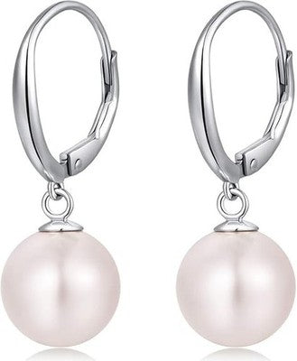 Sterling Silver Pearl Drop Dangle Leverback Earrings Diamond Hoop Women