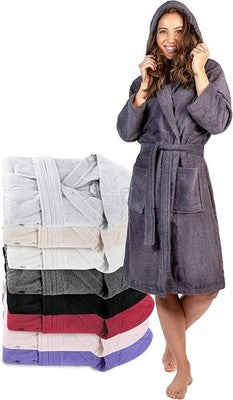 Womens 100% Cotton Bathrobe OEKO-TEX Hooded Dressing Gown Dark Grey Size S
