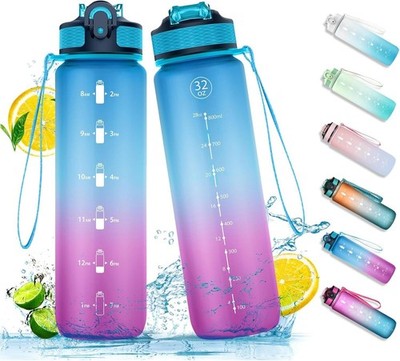 1L Bluepurple Water Bottle With Straw, Time Markings, Leak-Proof & Durable