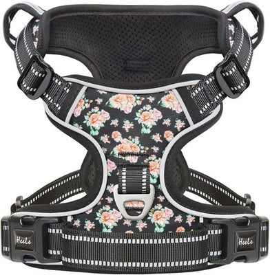 HEELE Small Dog Harness No Pull Vest Reflective Padded Handle Flower Black XS