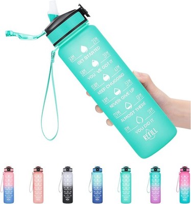 Meitagie 1L Sports Water Bottle Straw Time Maker Leakproof Mint Green