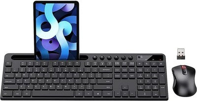 Wireless Keyboard and Mouse Combo 2.4G with Phone Tablet Holder Black Set