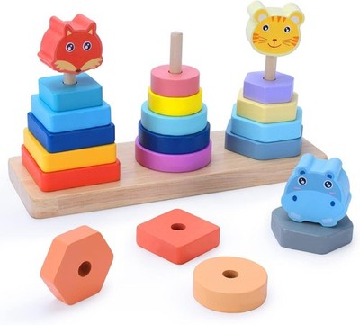 Wooden Colorful Animal Set Of Stacking Toy Pillars | Montessori Toy