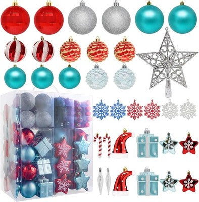 132pc Christmas Ornaments Set Red/Blue/Silver + Silver Star Tree Topper