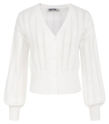 GRACE KARIN Crochet Cardigan White S - Lantern Sleeve Button Knit