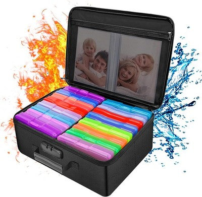 ENGPOW Fireproof Photo Box 16 Inner 4"x6" Cases Lockable Organiser Colourful