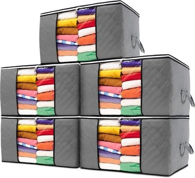 Large Clothes Storage Bags 5pc Grey 90L Foldable Closet Underbed Organisers