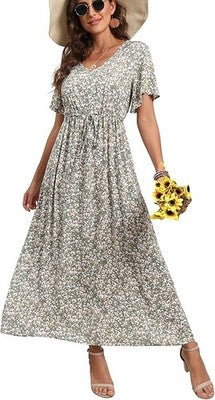 GRECERELLE Womens Summer Maxi Boho Beach Dress Floral Print Dress V Neck