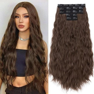 S-noilite 5PCS Clip In Hair Extensions Wavy Invisible Lace Weft Medium Brown 24"