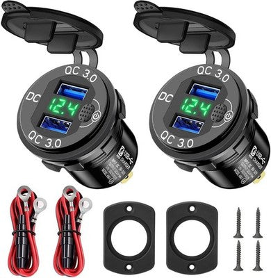 2Pcs USB Car Charger Socket 12V 36W QC3.0 LED Voltmeter Green