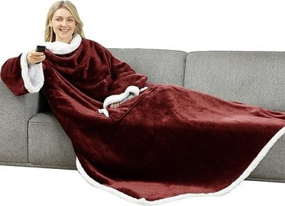 Winthome Double Wearable Blanket with Sleeves Sherpa Soft Adult Wine Red