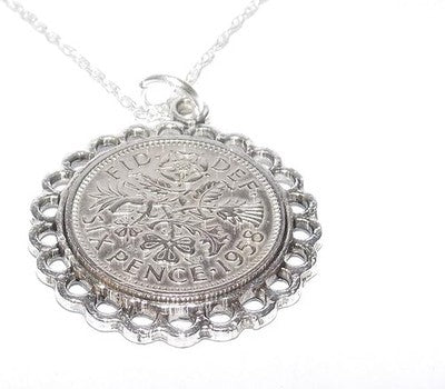 1966 Lucky Sixpence Pendant 60th Birthday Gift + 18in 925 Silver Chain