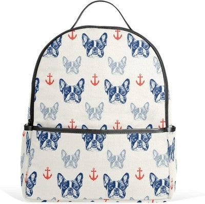 French Bulldog Anchor Print School Backpack Leather Polyester Large Kids Bag