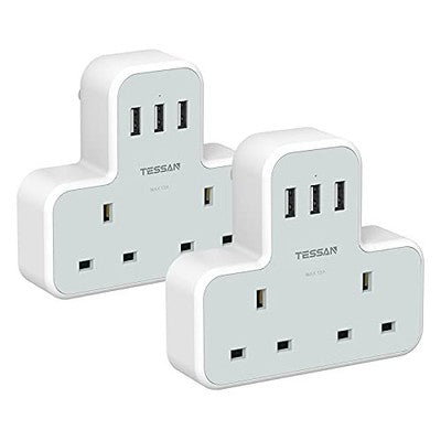 TESSAN Double Plug Adapter 3 USB 2 Pack UK Wall Charger Multi Socket 13A