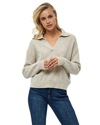 Minus Majsa Knit Polo Pullover, Sand Gray Melange, Beige UK, Size M