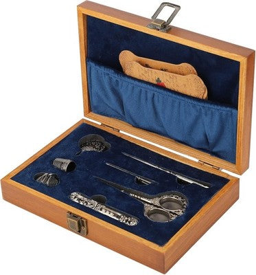 Vintage Embroidery Scissors Set Wooden Box Stainless Steel Silver Bronze