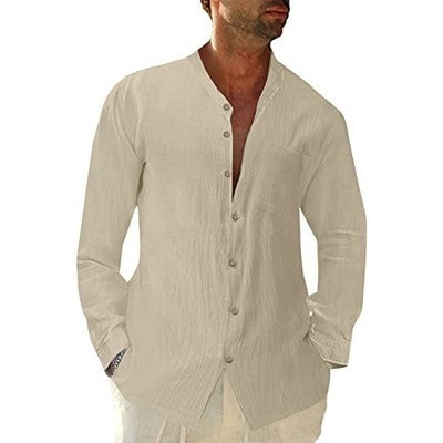 Halfword Men's Linen Long Sleeve Beach Shirt, Khaki, 3XL
