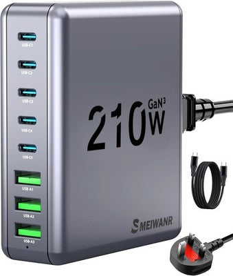 SMEIWANR 210W GaN USB C Charger 8 Port Desktop Fast PD QC Adapter Travel Home