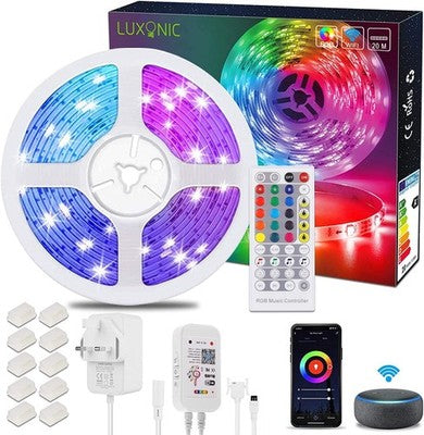 LUXONIC 20m Alexa WiFi RGB LED Strip Lights Music Sync App Remote 65.6ft