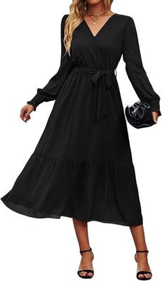 OUSIMEN Women's Boho Midi Dress Black - Wrap V Neck, Long Sleeve, M