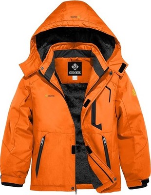 Waterproof Ski Snow Jacket Hooded Fleece Winter Coat, Orange, Size: 14-16 Years