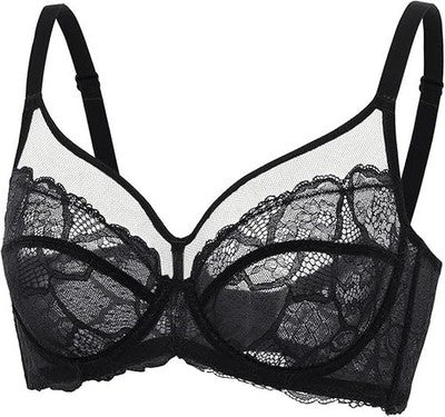 DOBREVA Women Unlined Minimizer Lace Bra Full Coverage Underwire Black 36E