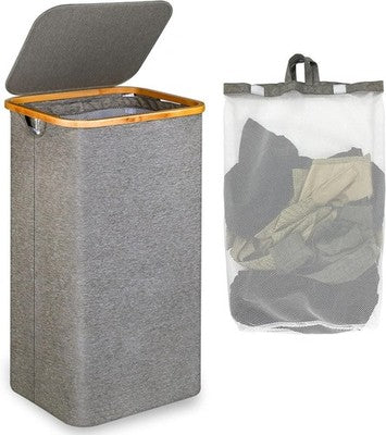 efluky Laundry Basket Hamper w/Lid 100L XL Grey Bamboo Handles Inner Bag