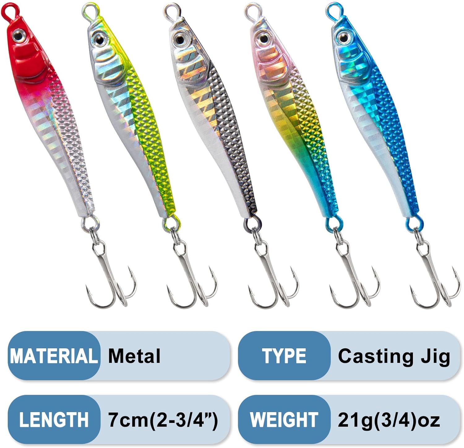 Alwonder 5x Metal Laser Jigging Fishing Lures w/Feather Hooks for Salt/Freshwater