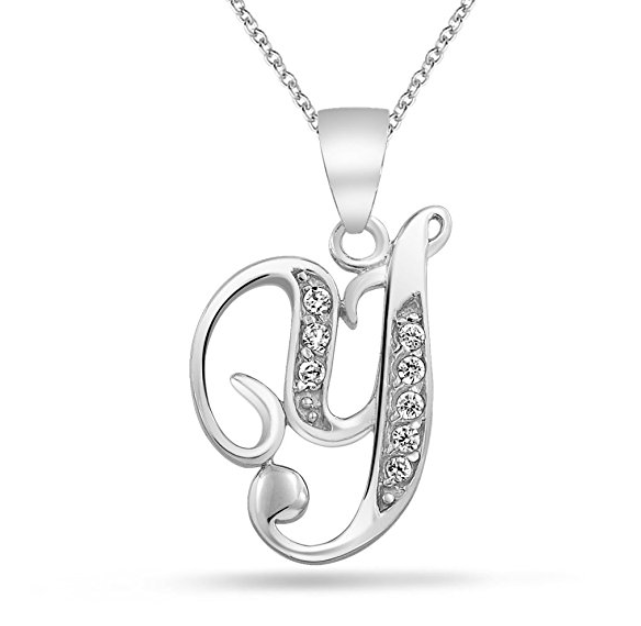 Bling Jewelry 925 Sterling Silver CZ Cursive Initial Pendant Letter Y