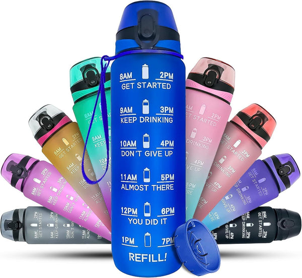 K-MART 1L Sports Water Bottle, Time Marker, Leak-Proof, Ocean Blue
