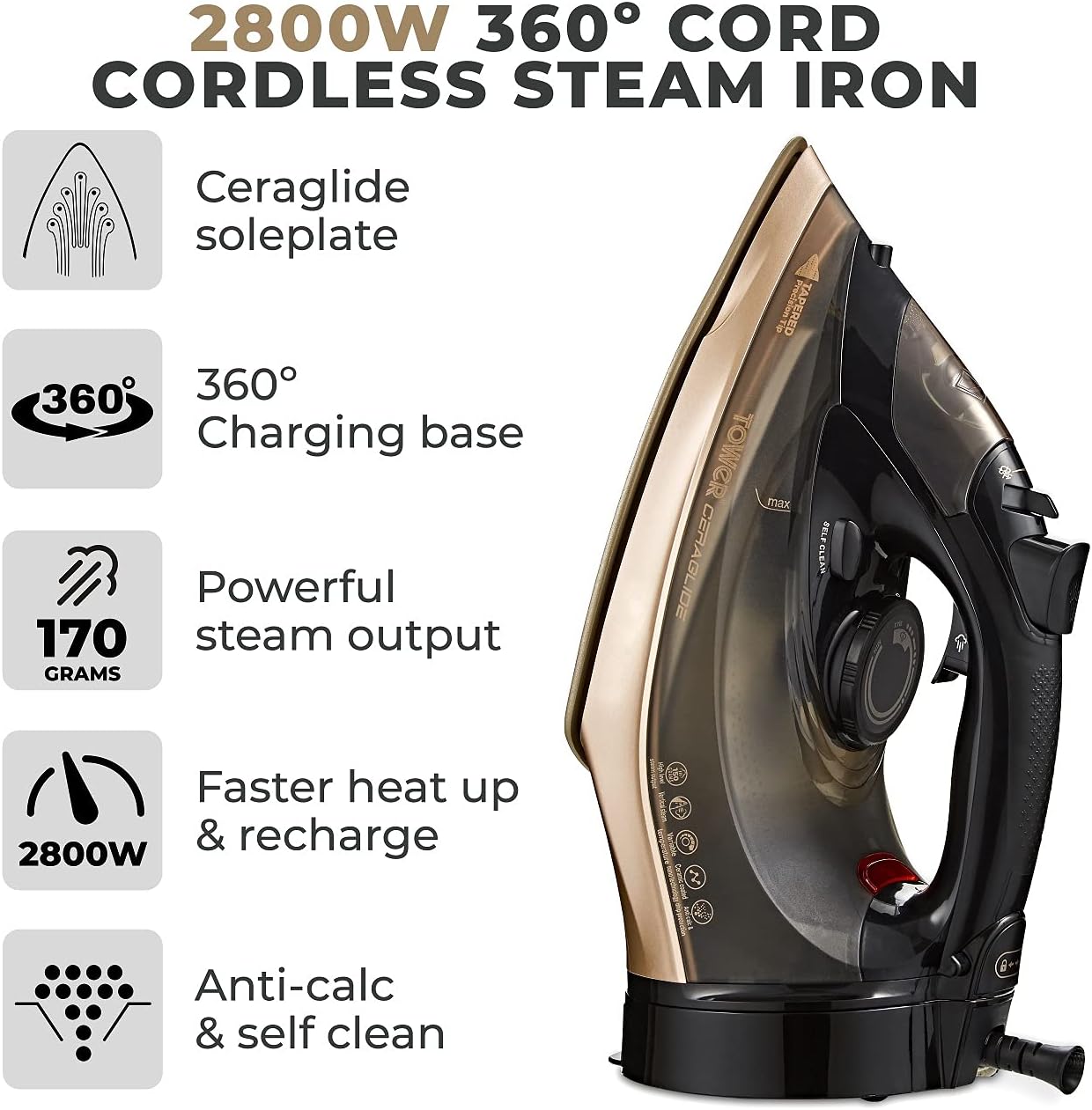 Tower T22022G Ceraglide 360 Cord Cordless Steam Iron Grey