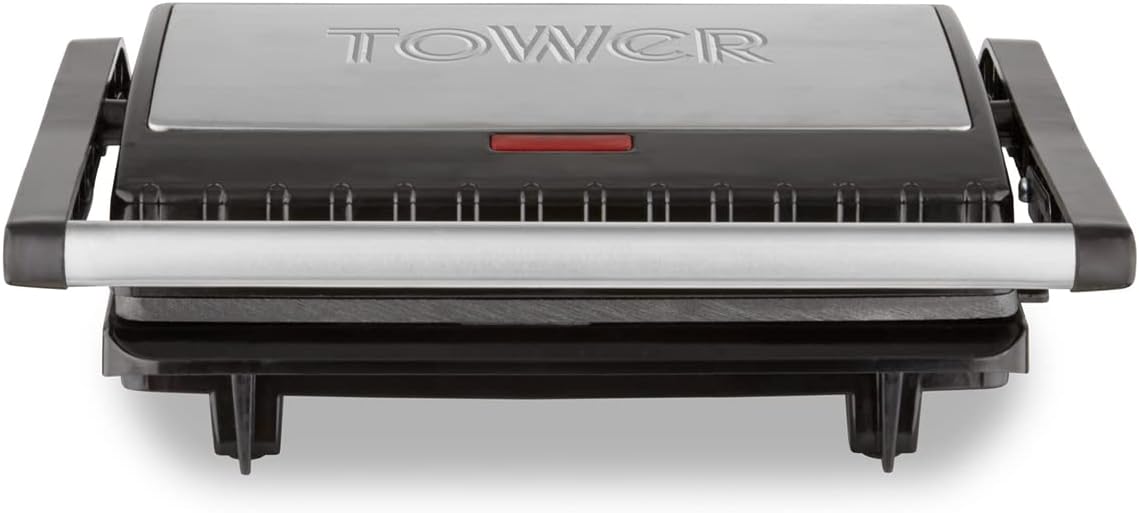 Tower T27038 3 Portion Health Grill and Panini Grill with Non-Stick Cerastone Coating, 750W, Black & Stainless Steel 