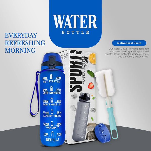 K-MART 1L Sports Water Bottle, Time Marker, Leak-Proof, Ocean Blue