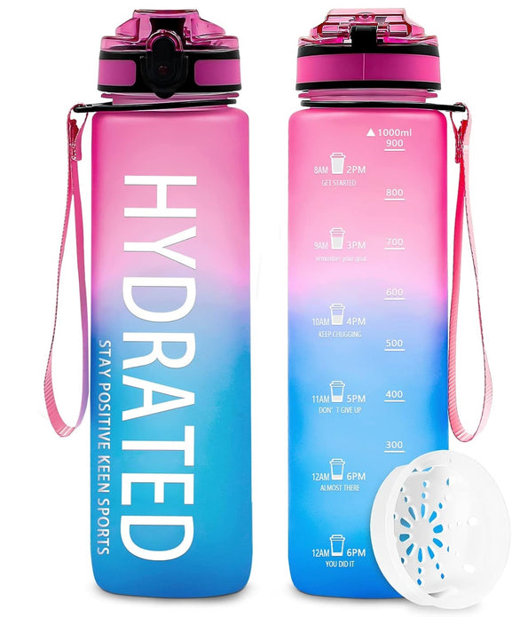 Bupoly Water Bottle 1L, Motivational Water Bottle with Time Marker and Filter, Sports Drinks Bottle BPA Free tritan Leak Proof for Gym, School, Cycling, , Sports, Fitness& Office pink/blue - Rebx.co.uk