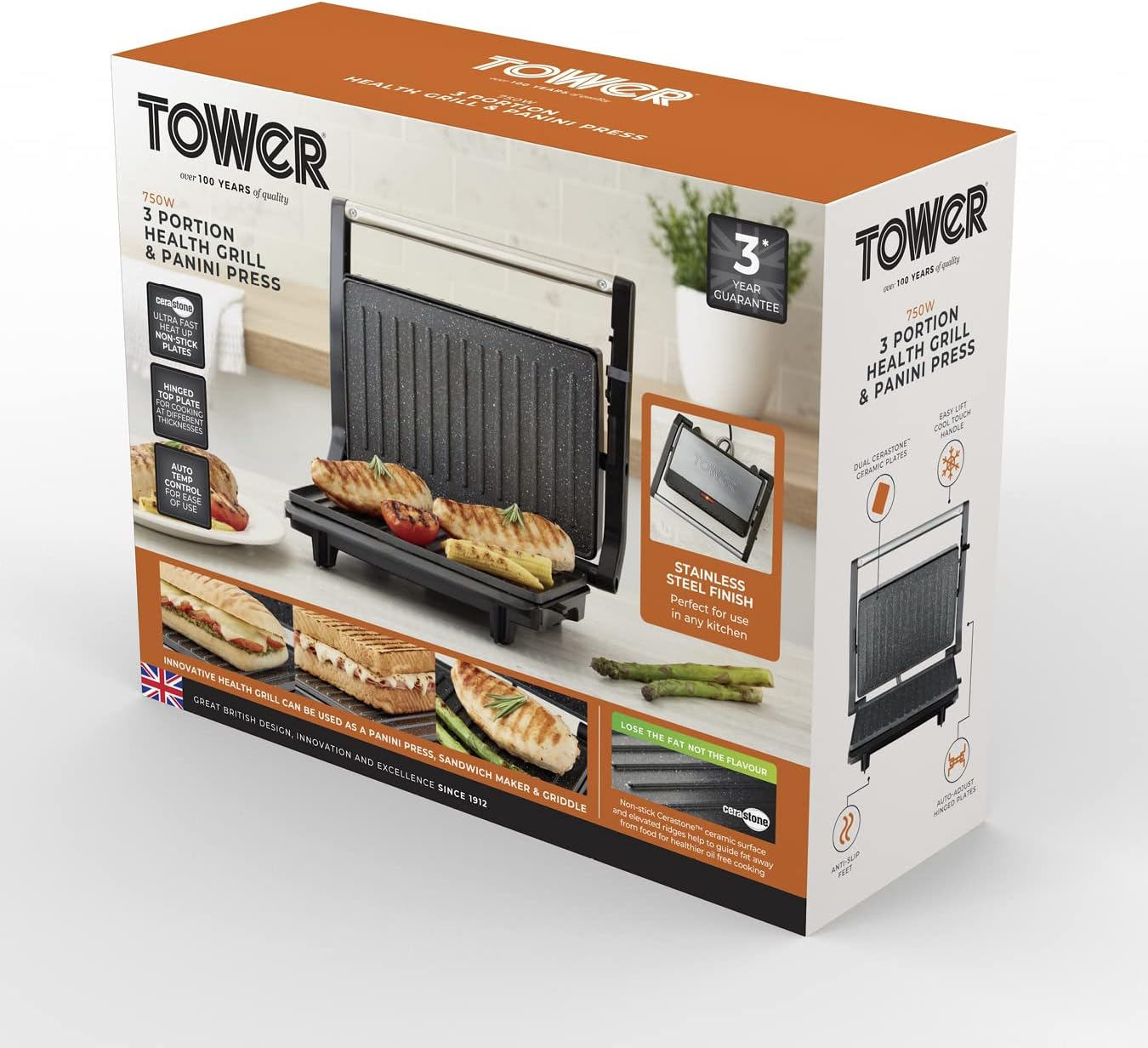 Tower T27038 3 Portion Health Grill and Panini Grill with Non-Stick Cerastone Coating, 750W, Black & Stainless Steel 