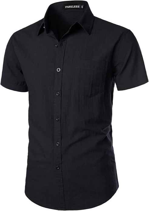 PARKLEES Shirt Men's Cotton Linen Casual Short Sleeve Shirt - Black - Large - NEW - Rebx.co.uk