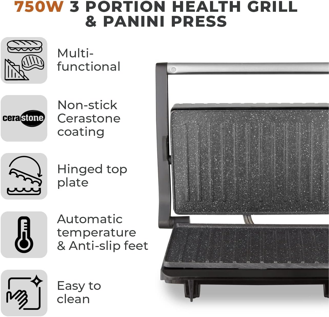 Tower T27038 3 Portion Health Grill and Panini Grill with Non-Stick Cerastone Coating, 750W, Black & Stainless Steel 