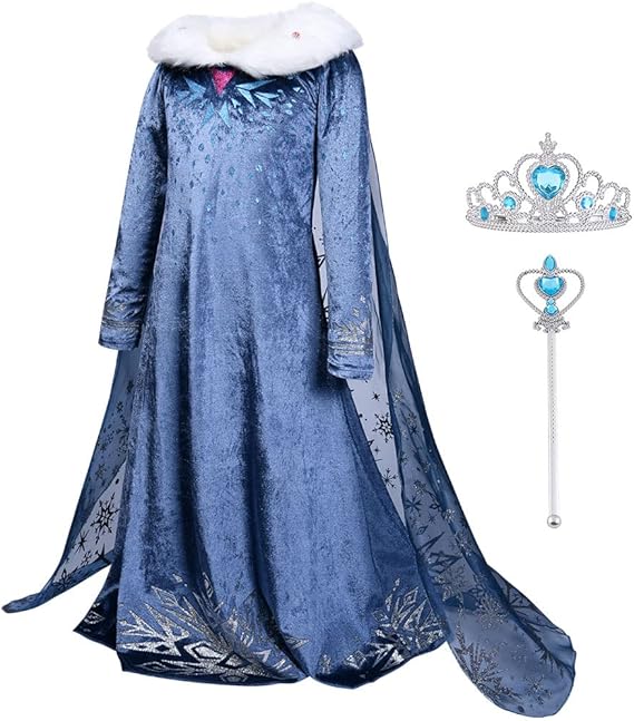 Princess Dress, Elsa Anna Dress with Wand and Crown, Girls Costume 120 cm - Rebx.co.uk