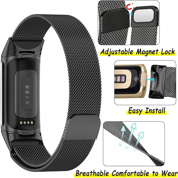 Metal Mesh Loop Bands for Fitbit Charge 5/Charge 6 Band for Women Men, Adjustable Stainless Steel Wristbands Replacement Straps for Charge 5/6 - Rebx.co.uk