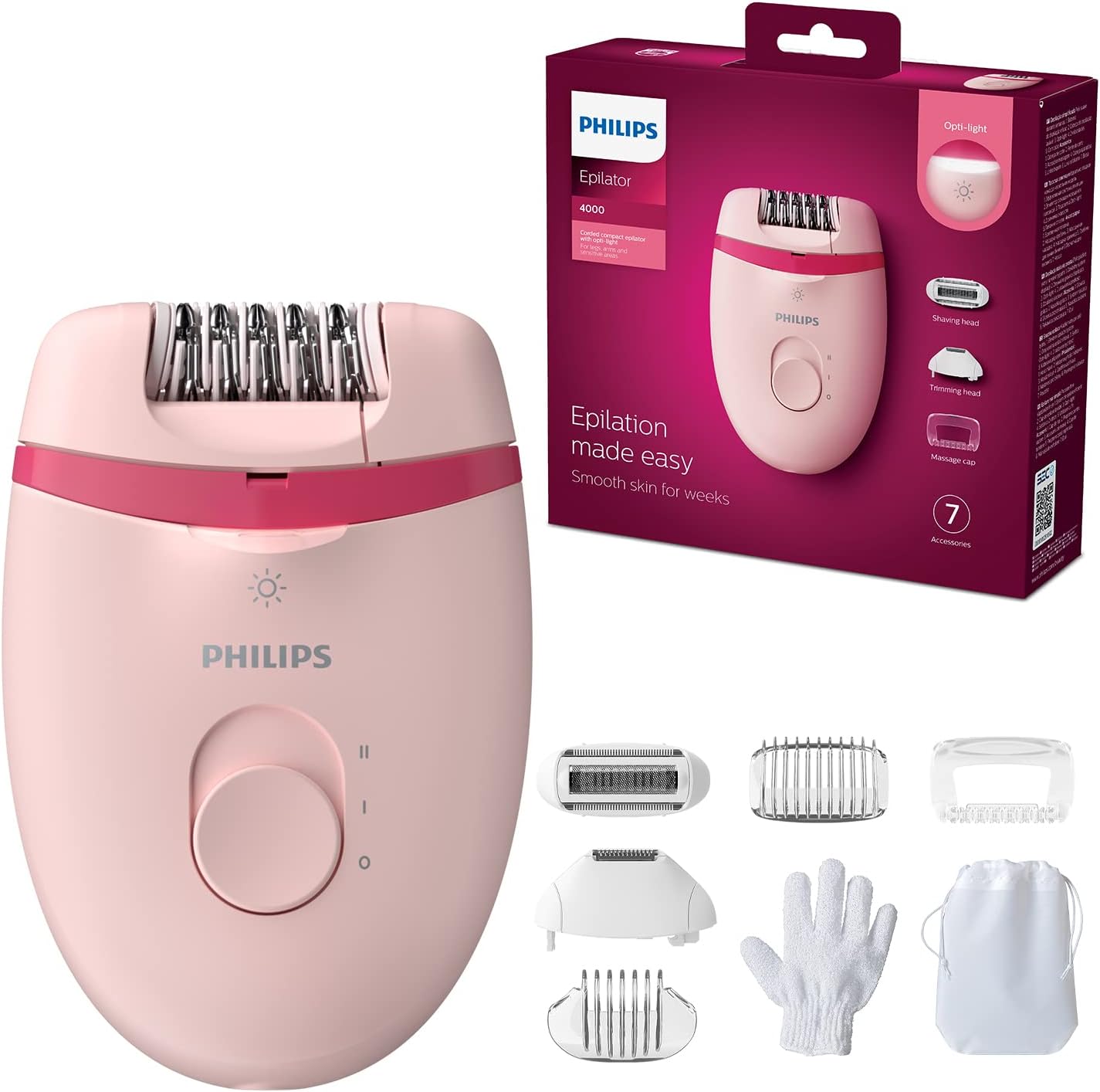 Philips Satinelle Epilator for Women – 5 in 1 Hair Removal Kit, Pink,