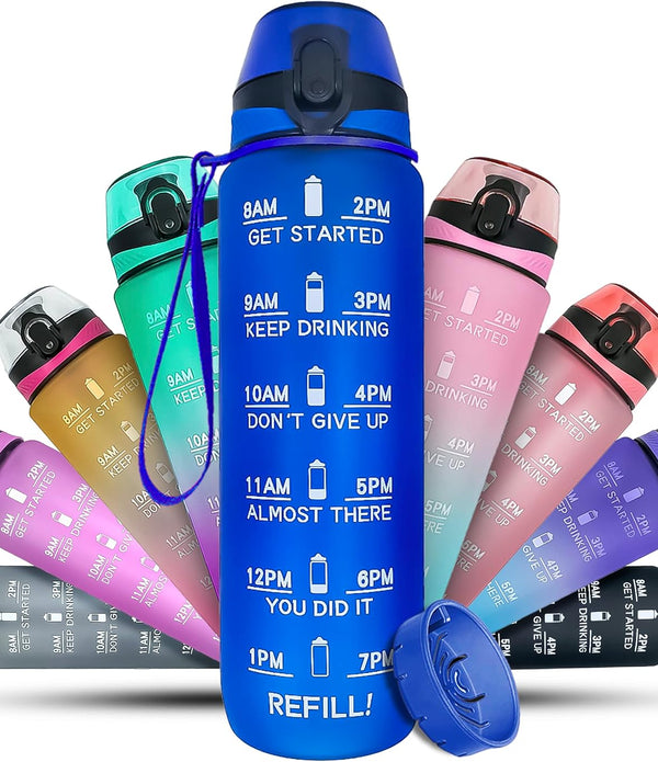 K-MART 1L Sports Water Bottle, Time Marker, Leak-Proof, Ocean Blue