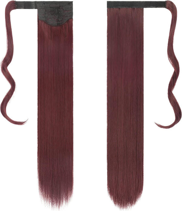 FESHFEN Straight Ponytail Extension (28in Wine)  Wrap-Around Synthetic Clip Hair