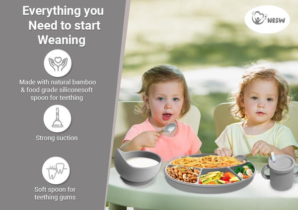 Baby Weaning Set: Silicone Plate  Bowl & Sippy Cup (Grey) Self-Feeding Tableware