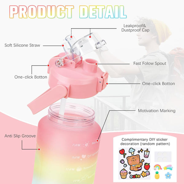 2L Motivational Water Bottle  Time Marker  Leak-Proof  BPA-Free (Pink-Yellow)