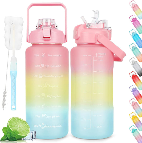 2L Motivational Water Bottle  Time Marker  Leak-Proof  BPA-Free (Pink-Yellow)