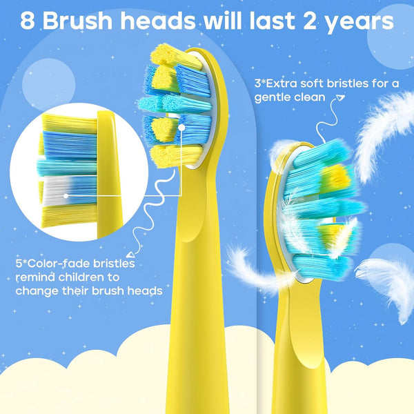 Rechargeable Kids Electric Toothbrush 2 Min Timer, 8 Brush Heads, Ages 3-12