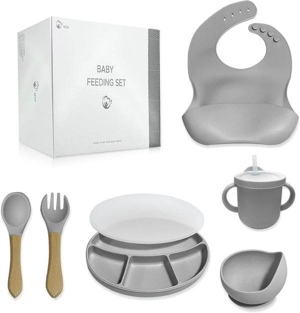 Baby Weaning Set: Silicone Plate  Bowl & Sippy Cup (Grey) Self-Feeding Tableware