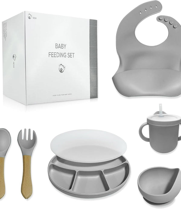 Baby Weaning Set: Silicone Plate  Bowl & Sippy Cup (Grey) Self-Feeding Tableware